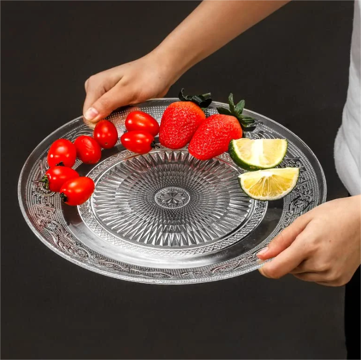 Wytłaczany szklany talerz obiadowy Okrągły przezroczysty talerz do serwowania restauracji03
