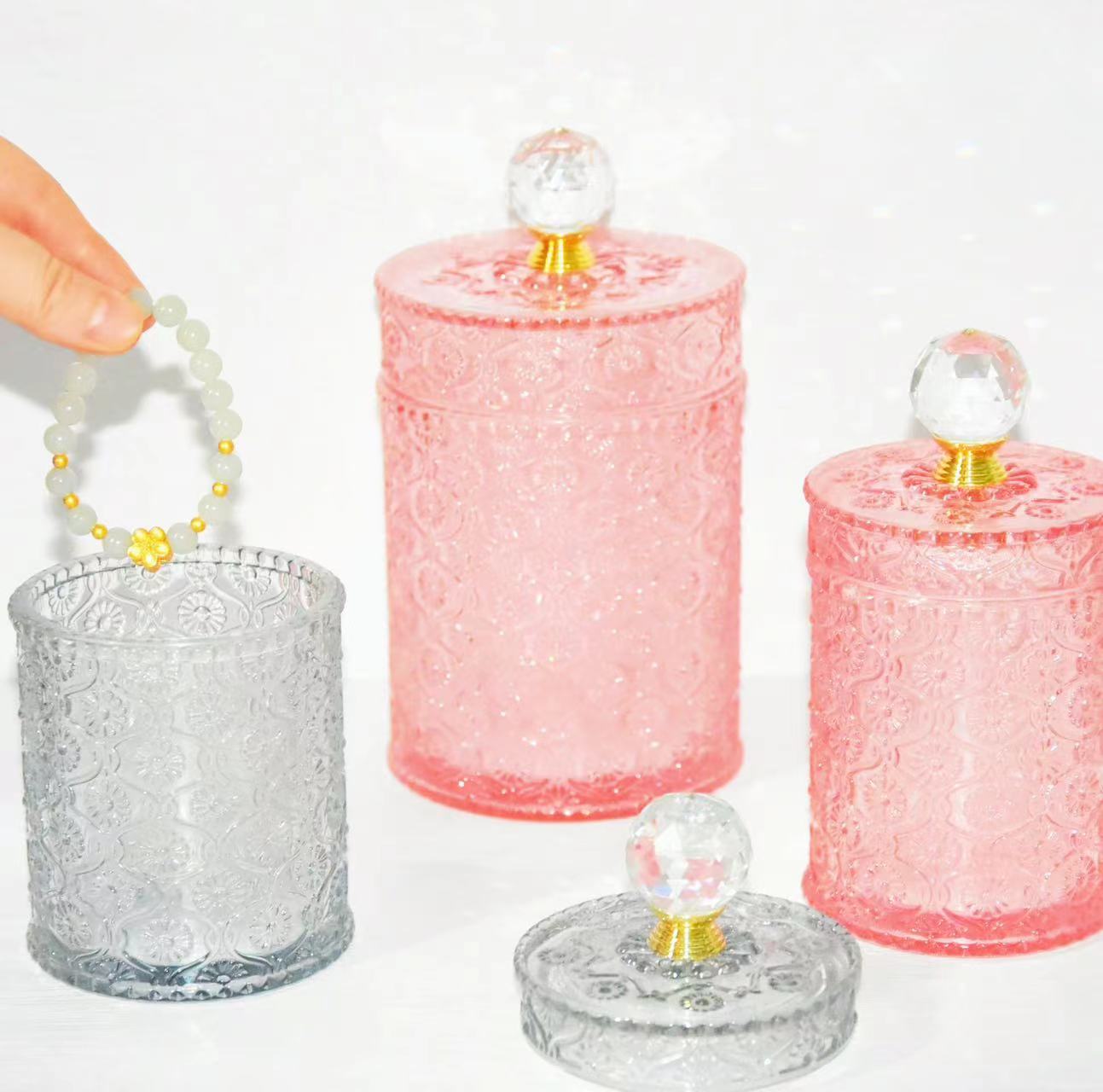 Frasco de vela de vidro de cilindro de luxo ou ja de vidro com tampas para atacado01